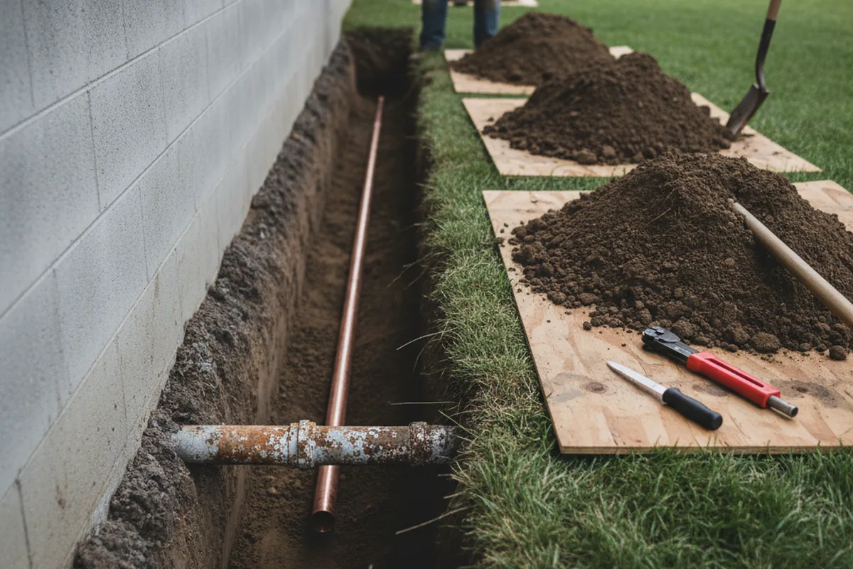 Excavated water line trench during Sewer Line Repair in Blackstone